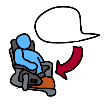 a blue figure in a powerchair with an orange blanket. a red arrow from a speech bubble points to them.